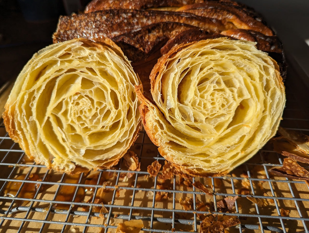 Sourdough babka sliced showing the swirl